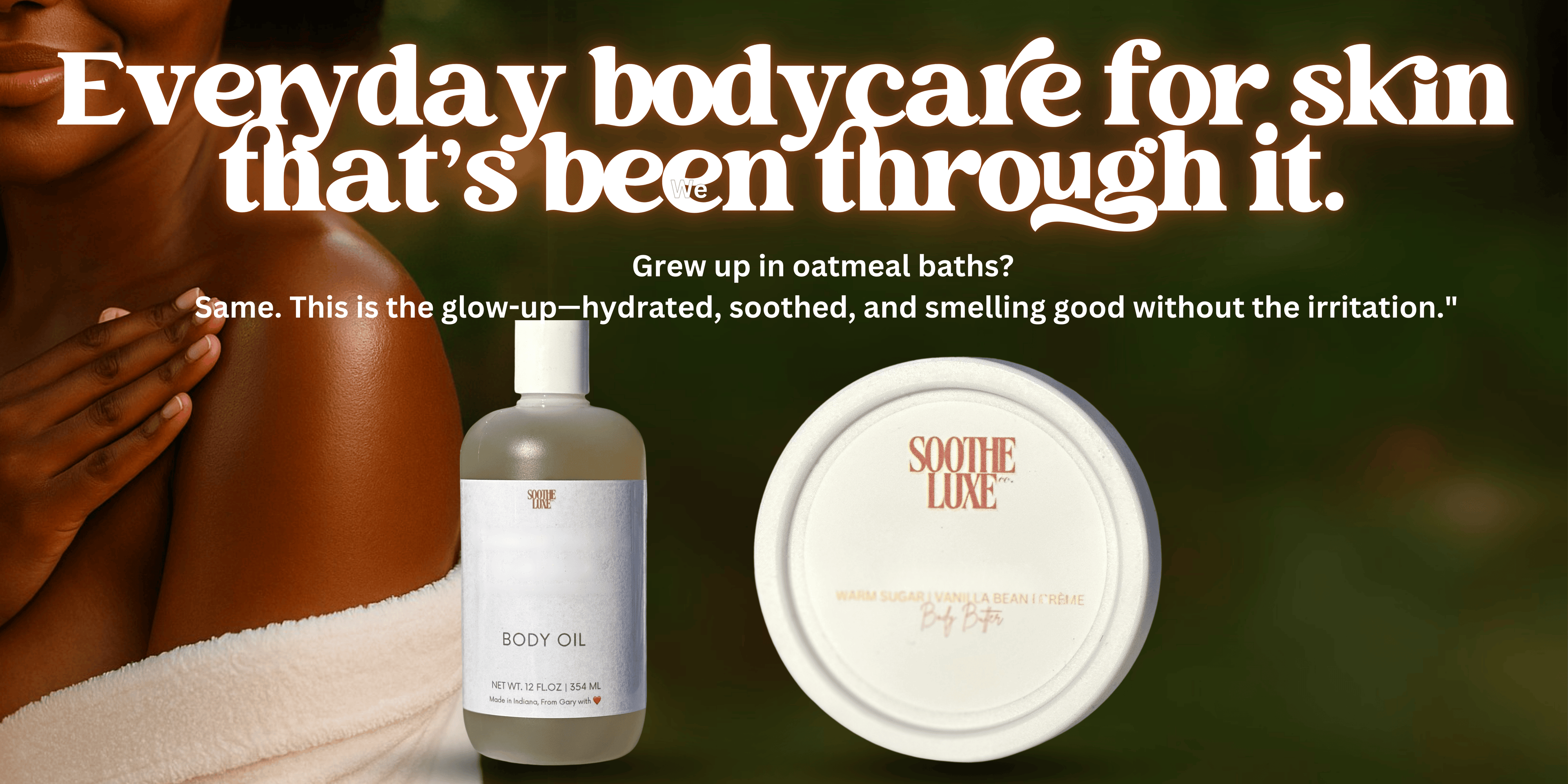 Black-owned natural bodycare brand hero banner with the phrase 'Everyday bodycare for skin that’s been through it,' showcasing skincare for sensitive, eczema-prone, and dry skin."